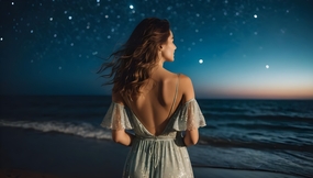 唯美海边星空美女看海背影图片